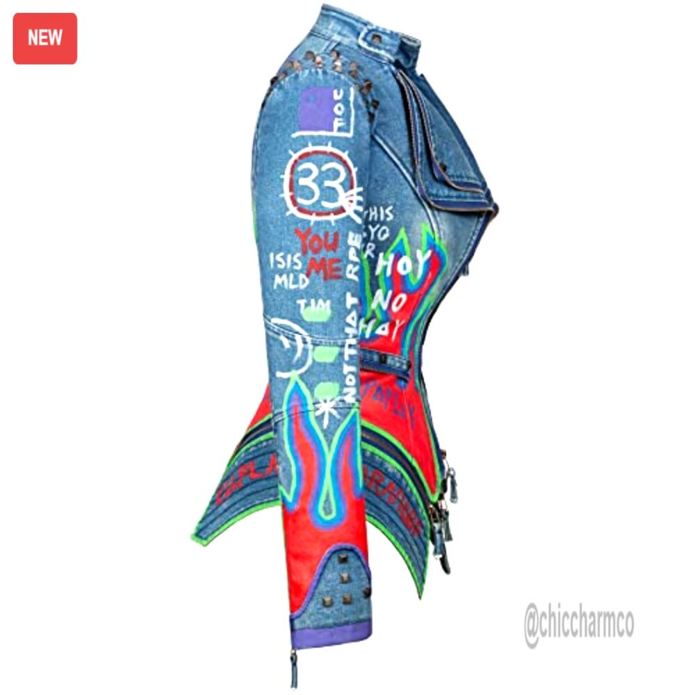 Punk Floral Embroidered Faux Leather Moto Jacket Short Style Hand-Painted - Picture 3 of 4